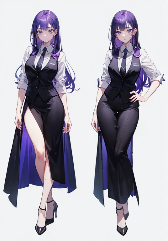 ((Perfect Face)),Purple Hair,voluminous long hair,1 female,bartender,suit,Black vest,Shirt with rolled up sleeves,tie,slit,High heels,,((Simple Background)),smile,((whole body)),((whole body)),Portraiture,virtual,upright,,Both arms are down,Standing upright with face and body facing forward,