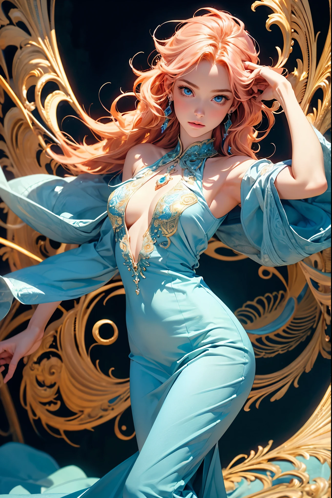 ((best quality)), ((masterpiece)), (detailed), detailed skin, Sapphire Eyes, Long Peach hair with thick waves, fluid dynamics, big breasts, brilliant golden halo, creative, tangled, get caught in, High_Lips, (fractal art:1.1), (aquamarine), (pink hair), (orange hair), highest detailed, (zentangle:1.2), (dynamic pose), (abstract background:1.3), (earrings:1.4), (Shiny white skin), tiffany blue, gold, rose, (better delicate eyes), (model body), ((close-up face)), happiness, (bright blue eyes), starry, Blue eyes, Ultra-realistic and vivid textures, hard curly, Lovely, ((Red dress)), (rose dress).