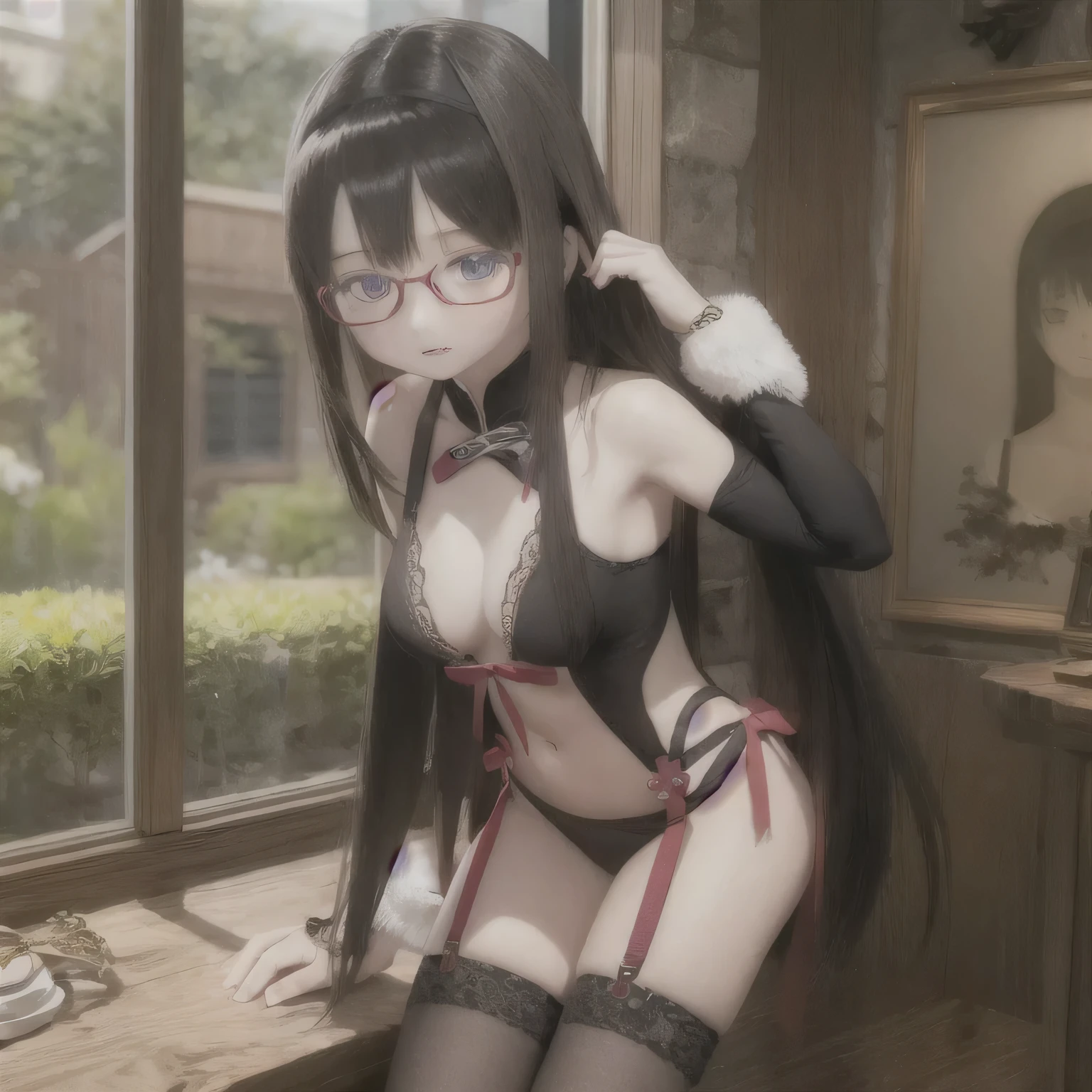 (Realistic:1.37), Vibrant colors, Very detailed, Physically Based Rendering, Tabletop, Expressive eyes, Perfect Face, Closed lips, barefoot, standing Akemi Homura, Black Hair, Indian Style, Black-rimmed glasses, Sexy Lingerie, Seductive posture, Ample breasts.