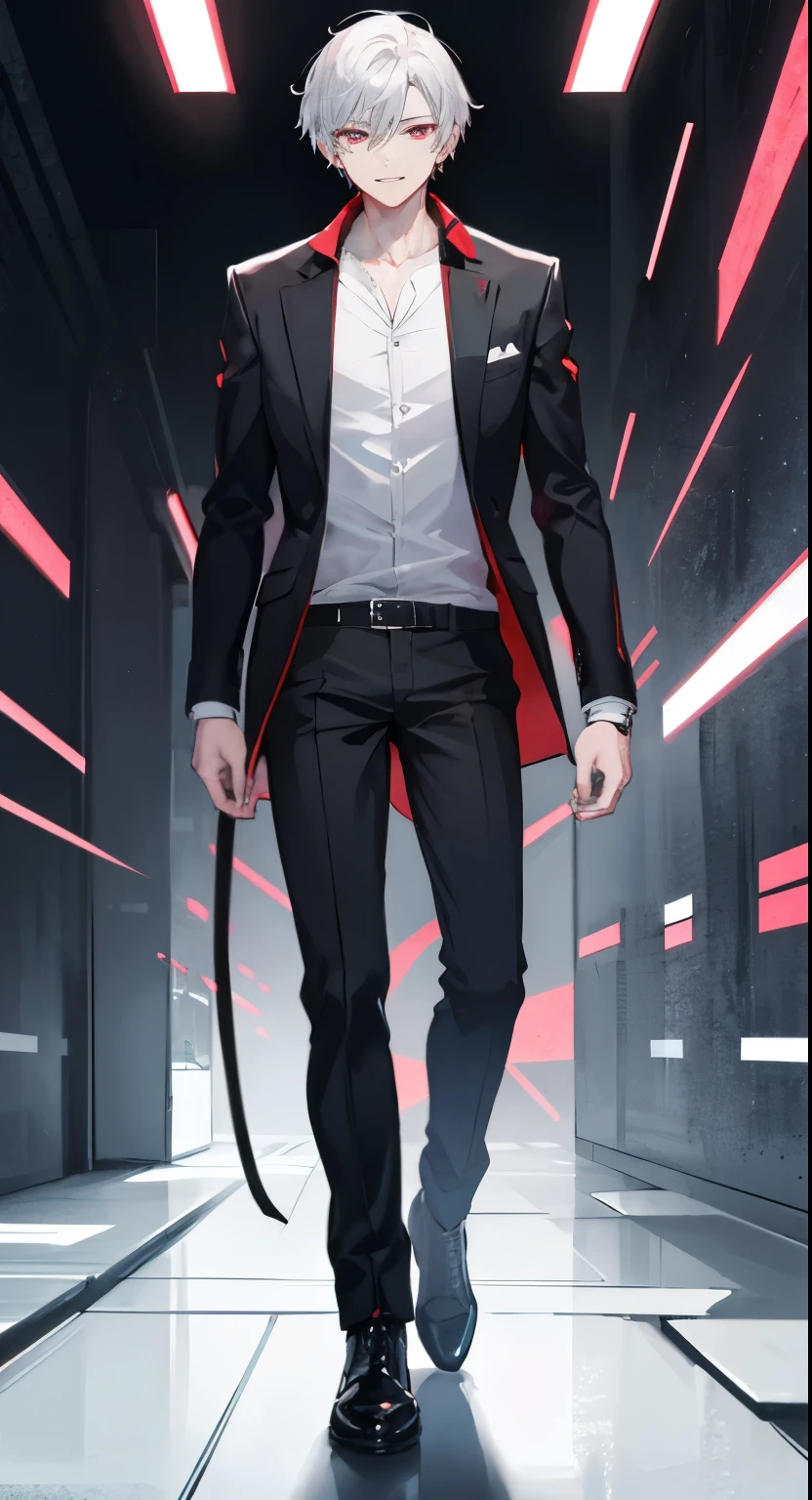 High resolution, 2D Anime Style,,Cool guy,Mature look,,20th Generation,Short Hair,Silver Hair,Red eyes,Dark Fashion,He is smiling a little,whole body,walking
