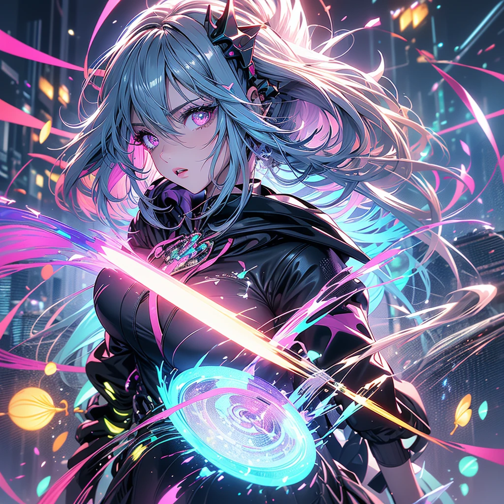 ultra quality,detailed, masterpiece, 16k, high resolution, beautiful, amazing, charming, elegant, stylish
BREAK
1 girl, 24 years old, Height is 164cm, ((Bust size is 88cm))
BREAK
(Long Hairstyle: 1.3), Beautiful and delicate flowing hair,(Delicate ,detailed ,(purple|Green|Blue|Pink|Red|yellow|Gray) eyes: 1.2), sparkling eyes, (glowing eyes), (magic eyes)
BREAK
(colorful loose hoodie:1.2), Futuristic outfit, cyber costume
BREAK
cyber punk, Vibrant, Futuristic, Neon lights, High-rise buildings, Holographic advertisements