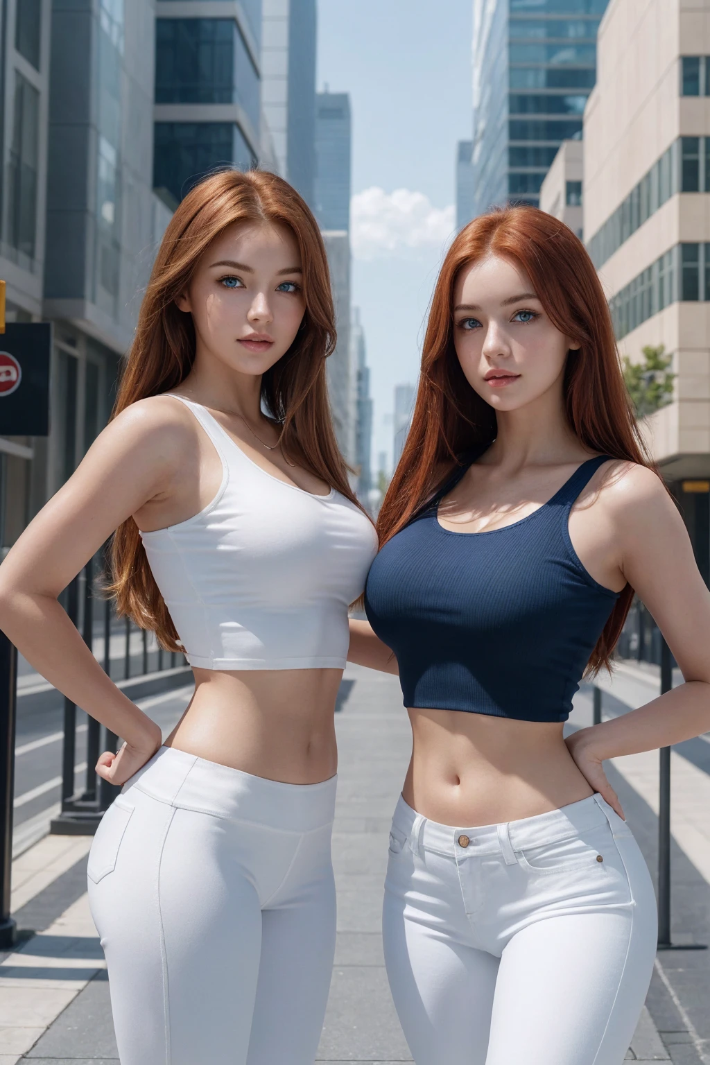 8k, RAW photo, best quality, ultra high resolution, (photorealistic), realistic photo of two girls standing together, (skinny redhead girl, slim face, blue eyes, red hair, straight hair) , white skin, and (thick blonde girl, brown eyes, (white skin), straight hair) big breasts for the two girls , in the downtown, skyscrapers, modern city, (full body portrait), wearing tight pants, tight pants, wearing short top, short top, sexy pose, looking at viewer, smirking, (extremely detailed CG unity 8k wallpaper), Sharp focus, (bright light)