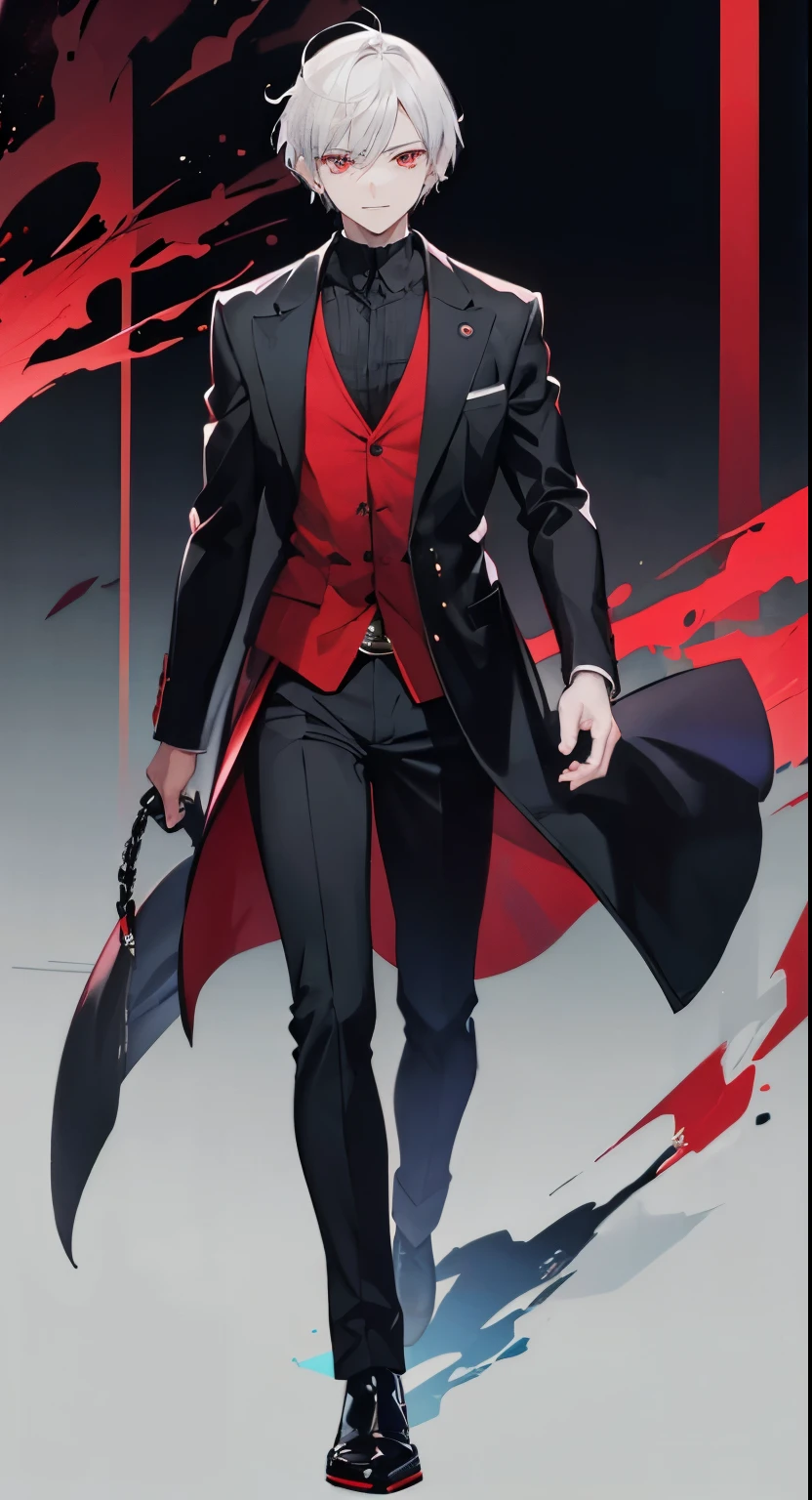 High resolution, 2D Anime Style,,Cool guy,Mature look,,20th Generation,Short Hair,Silver Hair,Red eyes,Dark Fashion,He is smiling a little,whole body,walking