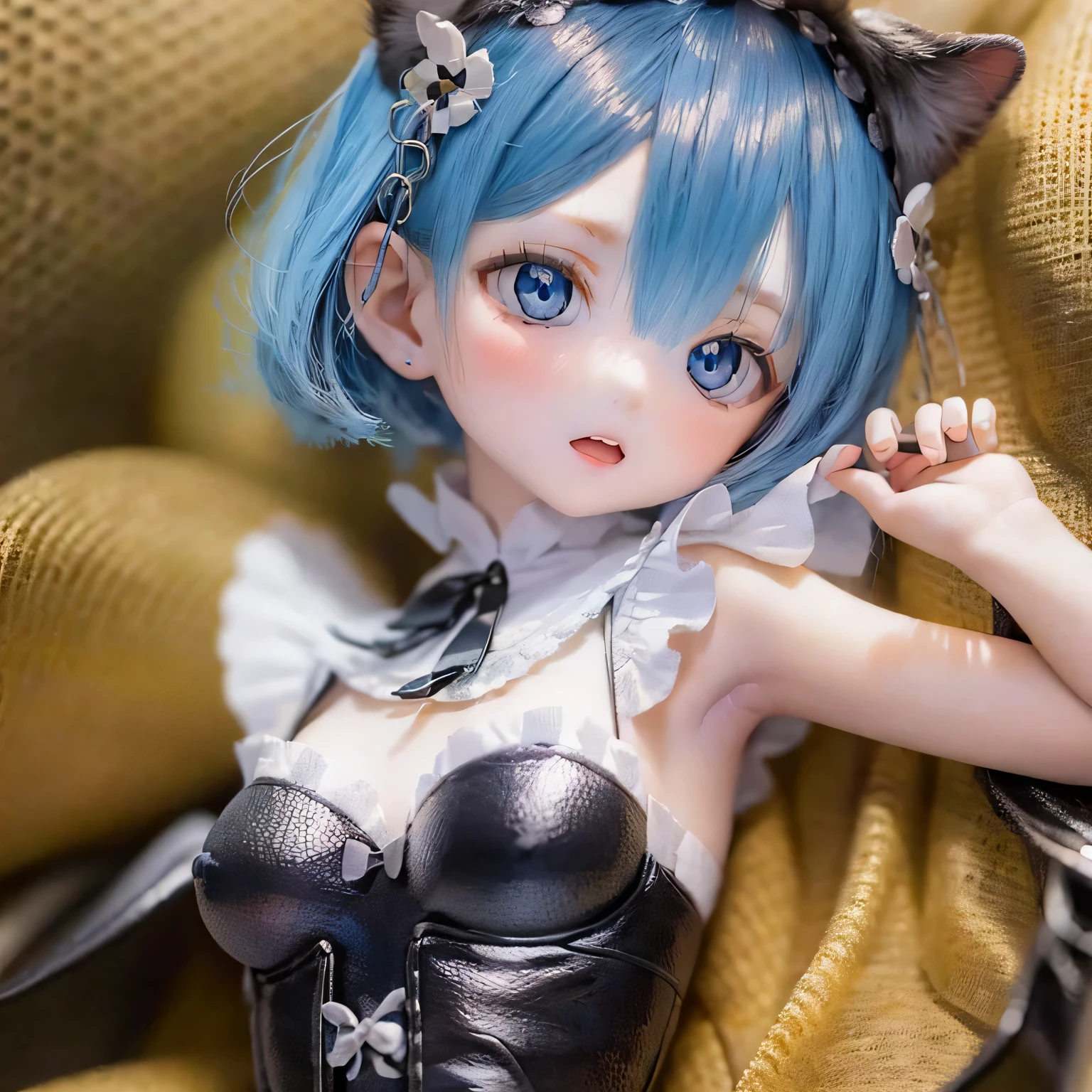 A five-year-old girl named Rem, it is (((((((baby))))))) style, Has beautiful and delicate eyes, lips, And the face. Artwork must be of the highest quality, Sharp focus and ultra-detailed rendering. The color palette should be vibrant and vivid. The medium must be illustration or digital painting. For more information, look、Also includes Rem in a cute dress, And with a look of joy.(((Little)))Sexy pose Blue hair Cute pose Flat chest(((((curtsey)))))stand