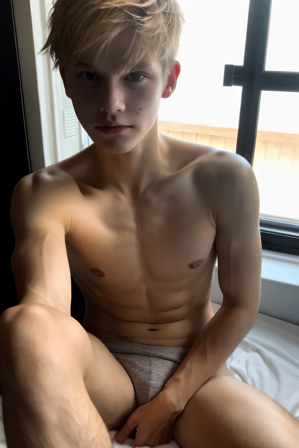 ((Best quality)), ((masterpiece)), (detailed), perfect face, guy , pumped up, without a t-shirt, blond, sitting on the bed, short hair, selfie, dark