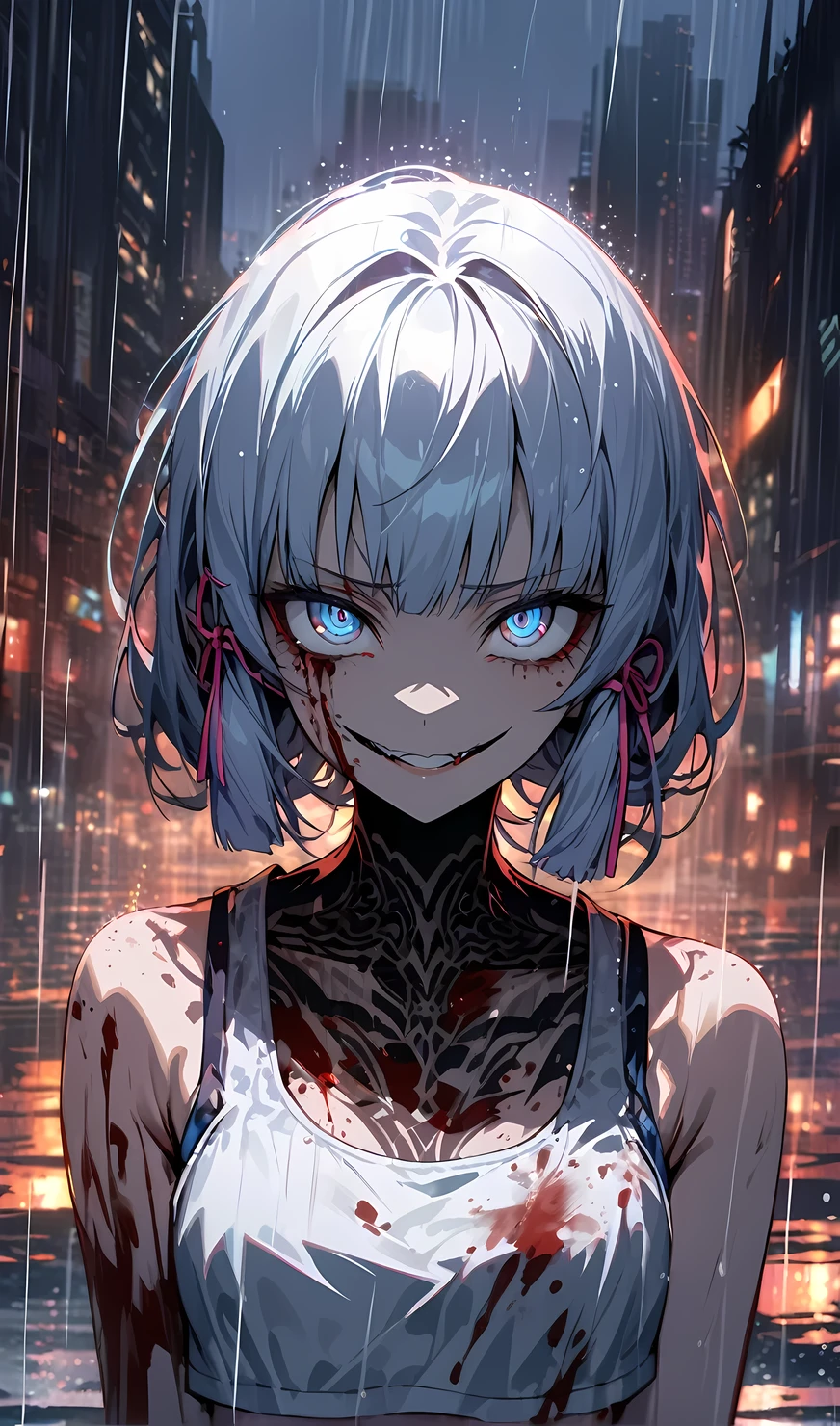 Ayaka, danger ,solo,crazy evil smile,villain,blood,wearing cropped tank top, wearing plain white cropped tank top,  night city, rain,sad,highly detailed eyes, highly detailed face, highly detailed background,look at viewer