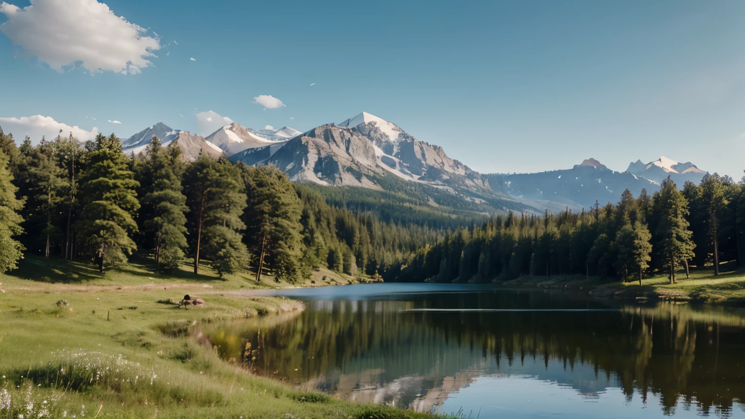 meadow, lake, lake background, clear sky, natural , nature, high resolution, high details, 4k, realistic, masterpiece, day time, no one