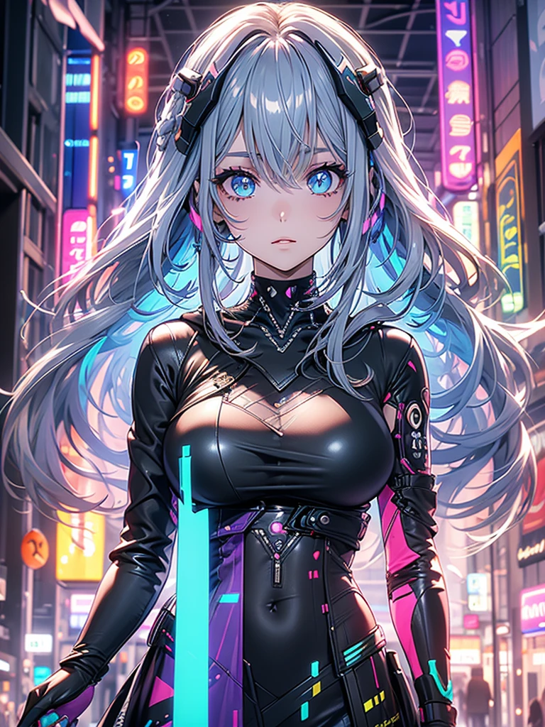ultra quality,detailed, masterpiece, 16k, high resolution, beautiful, amazing, charming, elegant, stylish
BREAK
1 girl, 24 years old, Height is 164cm, ((Bust size is 88cm))
BREAK
(Long Hairstyle: 1.3), Beautiful and delicate flowing hair,(Delicate ,detailed ,(purple|Green|Blue|Pink|Red|yellow|Gray) eyes: 1.2), sparkling eyes, (glowing eyes), (magic eyes)
BREAK
(colorful loose hoodie:1.2), Futuristic outfit, cyber costume
BREAK
cyber punk, Vibrant, Futuristic, Neon lights, High-rise buildings, Holographic advertisements