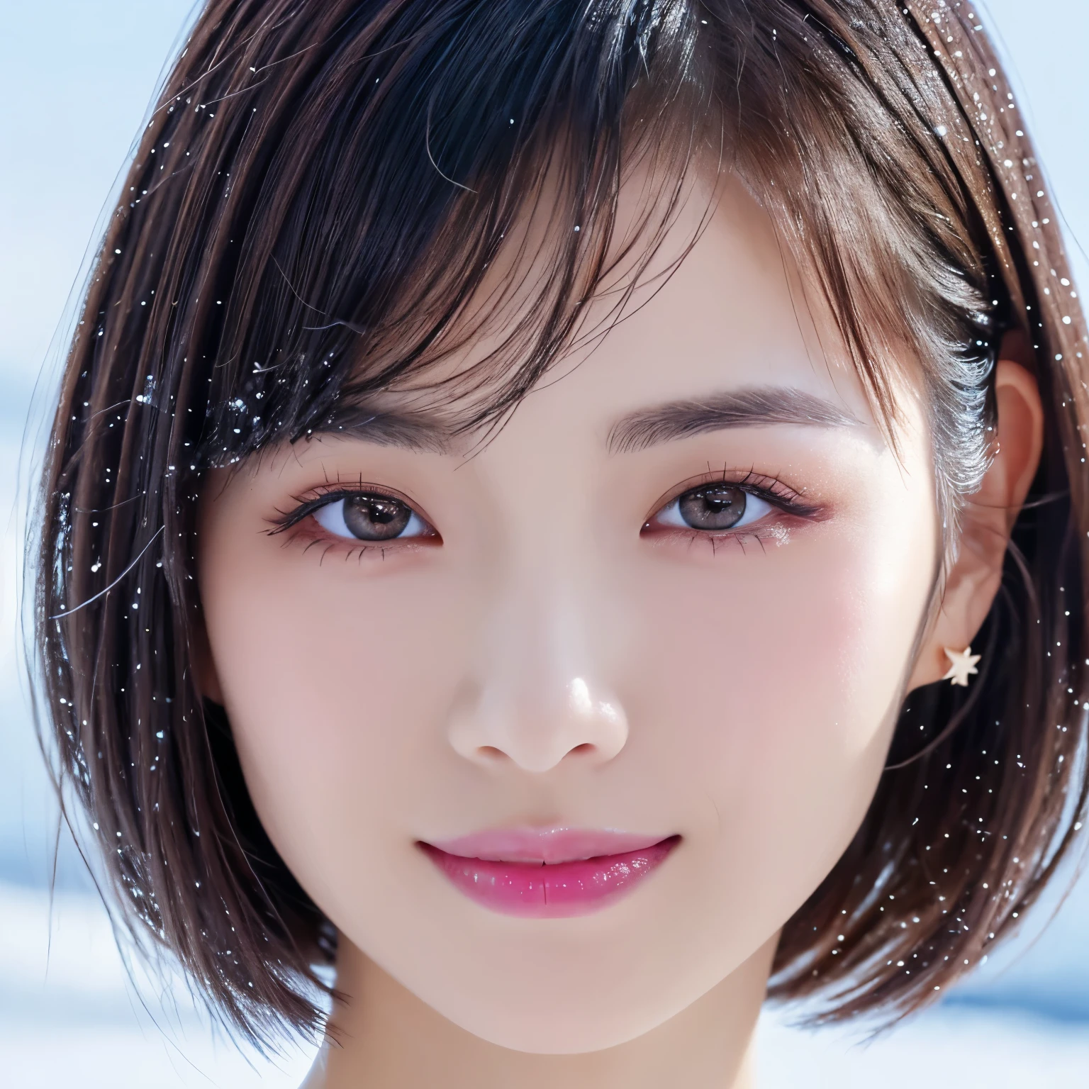 (highest quality、Tabletop、8k、Best image quality、Award-winning works)、1 girl、Face close-up、Look at me and smile、Strapless micro bikini in the middle of winter:1.8、(frozen snow field in winter:1.1)、Icy ground、(Amazing starry sky:1.2)、(that'it's snowing:1.1)、(Tyndall effect:1.1)、Spectacular Cinema Lighting、(Accurate anatomy:1.1)、short hair、Ultra-high definition beauty face、Long eyelashes、Natural Makeup、Ultra HD Hair、Ultra-high resolution eyes、(Beautiful skin that stands out in ultra-high resolution:1.1)、Ultra-high quality glossy lips