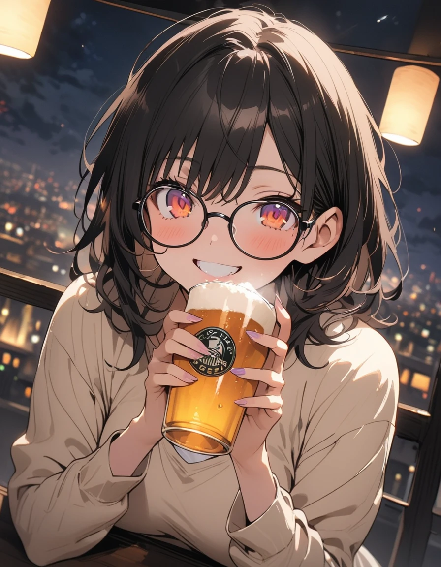 (masterpiece), best quality, expressive eyes, perfect face, At night, under the city lights,
on a balcony of an apartment,
a woman drinks beer, smiling,
wearing glasses, under the moon and stars,
feeling the night breeze.(highest quality、masterpiece、High resolution、detailed)、animeスタイル、Flat Style、(Beautiful Eyes, Delicate and beautiful face), BREAK,Dynamic Angle、anime