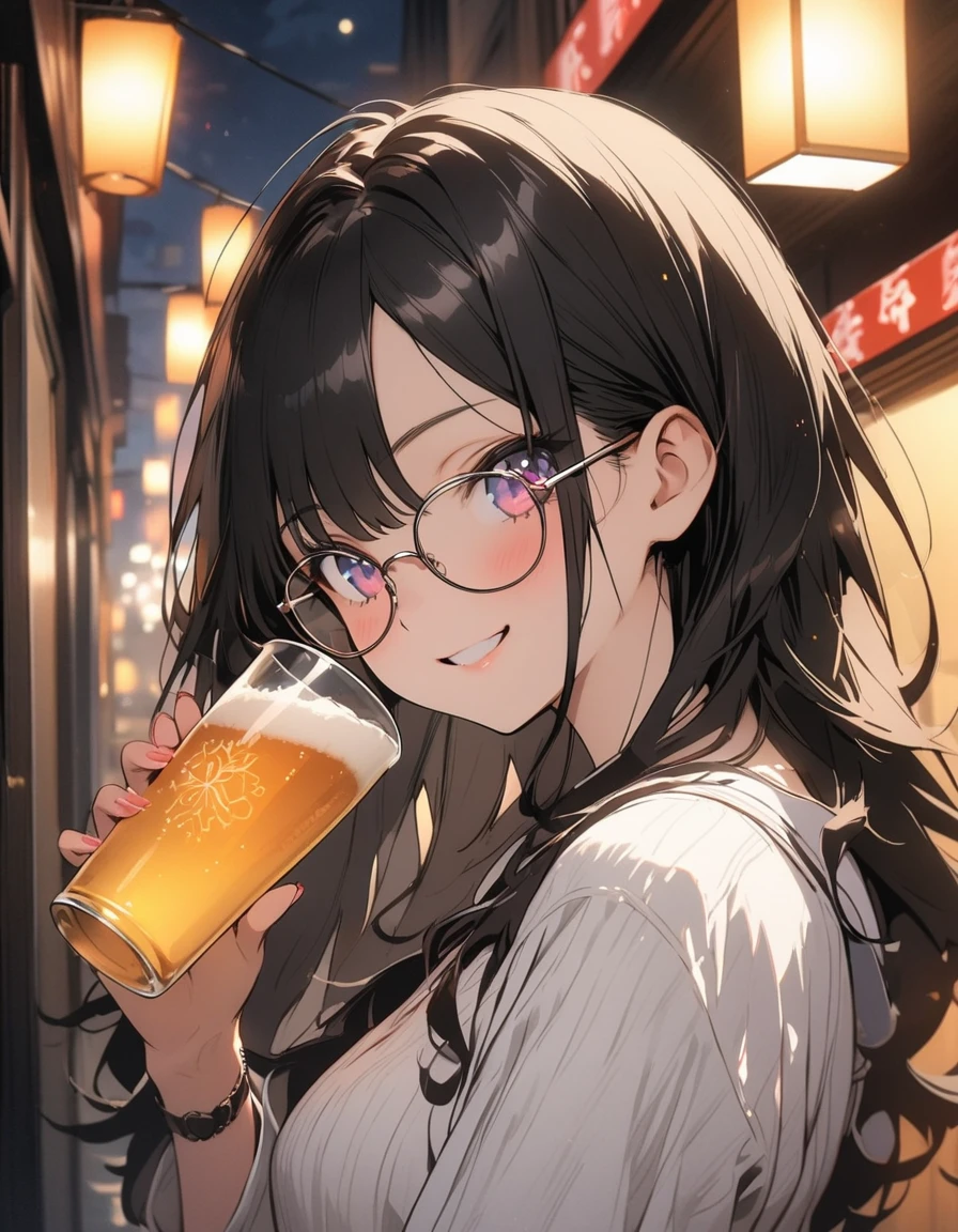(masterpiece), best quality, expressive eyes, perfect face, At night, under the city lights,
on a balcony of an apartment,
a woman drinks beer, smiling,
wearing glasses, under the moon and stars,
feeling the night breeze.(highest quality、masterpiece、High resolution、detailed)、animeスタイル、Flat Style、(Beautiful Eyes, Delicate and beautiful face), BREAK,Dynamic Angle、anime