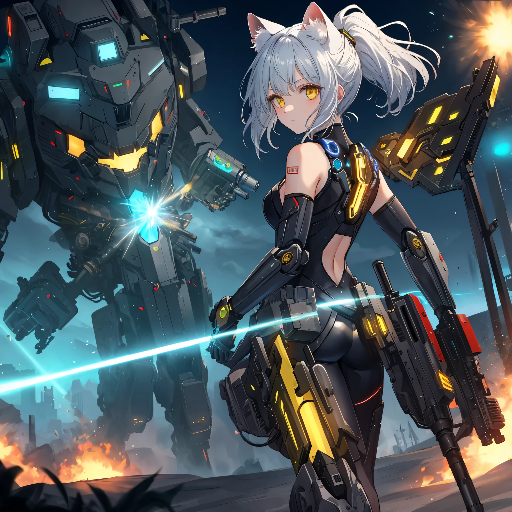 # AI Illustration Prompt for SeaArt
- **Theme**: A cutting-edge, stylish, and ultimate mechanical angel based on a sand cat beastman. An artistic and perfect AI illustration.
- **Number of Characters**: One, surrounded by armed soldiers.
- **Worldview**: A fusion of dark fantasy and cyberpunk.
- **Age and Body Type**: A young, slim woman, equivalent to a 23-year-old human.
- **Kemomimi and Tail**: Sand cat kemomimi and tail (slightly mechanized but mostly organic. The tail is wrapped around the torso).
- **Costume**: *A mysterious black and gold plugsuit with intricate decorations, with an open chest. The costume should be more detailed with specific elements that highlight its cutting-edge design.*
- **Costume Color**: Mainly gold, with blue and green decorations.
- **Hairstyle**: *A complex style combining long hair, bob cut, twin tails, and ponytail. Include specific details about each part of the hairstyle to emphasize its complexity.*
- **Hair Color**: Mainly blue, with gold and green gradients.
- **Wings**: *Two mechanical wings decorated in light blue, yellow, silver, and deep red (emerging from the back, one on the left and one on the right). Equipped with laser weapons. The wings should be described in detail including their size, shape, texture.*
- **Left Arm**: Enhanced with precise machinery, with a glowing laser shield made of reinforced plastic.
- **Right Arm**: Enhanced with precise machinery, holding a large linear railgun.
- **Left Thigh**: *Equipped with communication cables. Include details about the type, thickness, color of the cables.*
- **Right Leg**: *A precise machine with a small missile installed. Provide specifics about the machine’s design and functionality.*
- **Emotion**: *Strong and full of confidence. Describe the facial expression and body language to convey the emotion.*
- **Movement**: *Firing a warhead from the linear railgun and engaging in combat. Lasers are being fired from the mechanical wings. The shield on the right arm is