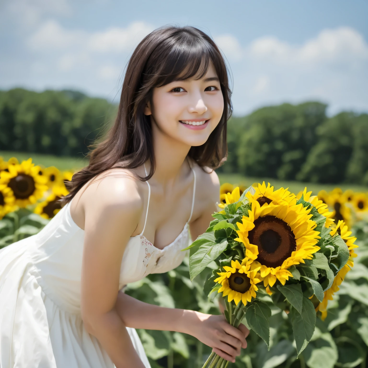 highest quality, masterpiece, 1 Girl, Black Hair, long hair, Not cute, smile, Young appearance, Wearing JILLSTUART,Have a bouquet of sunflowers,Sunflower field,The eyes are double,30 years old