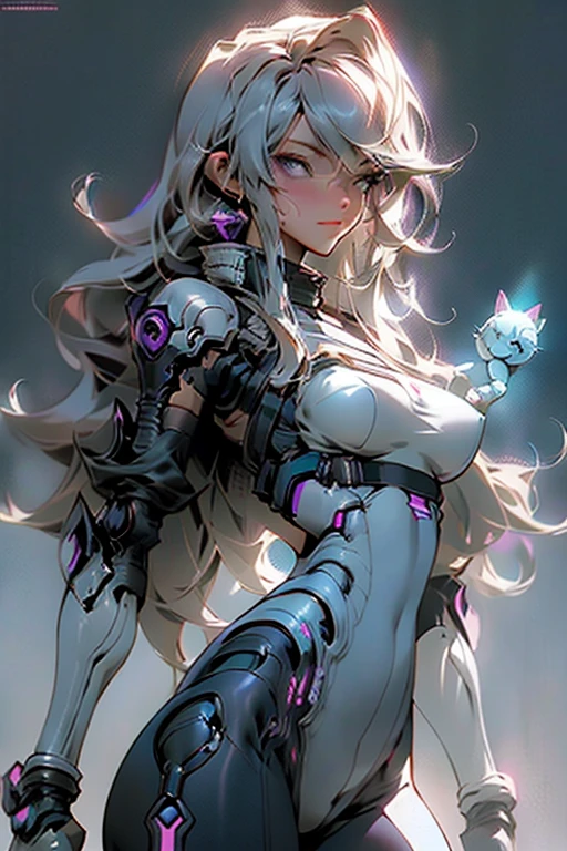 full body fashion shot,((focus on full body)),feet and head in frame,(masterpiece,best quality, hight res:1.3),(high quality anime, High end cgi),(intricate and beautiful:1.3),(enigmatic beauty)(detailed manga linework) a stunning porcelain skinned (long magenta haired) and sexy cyborg-warriorl (forearms, waist and lower legs are full mechanic) in very meager high cut partly transparent latex-armor with light blue fabric underwear and soft pink lace holding a tiny kitten in front of deconstructed robots. fit, sporty butt,  breasts, bigger and darker eyes,(beautiful and aesthetic:1.3)(Rembrandt-inspired (1.2)  inspired by nier:automata, cyberpunk 2077, comic art, cgi, art nouveaux, Concept Art, Digital Art, 