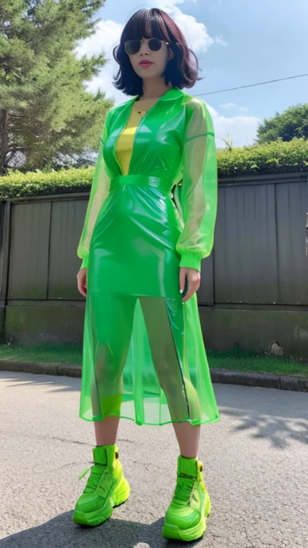 live-action woman Patent rubber dress Long skirt green Transparent jacket