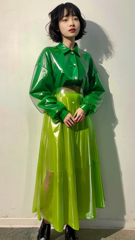 live-action woman Patent rubber dress Long skirt green Transparent jacket