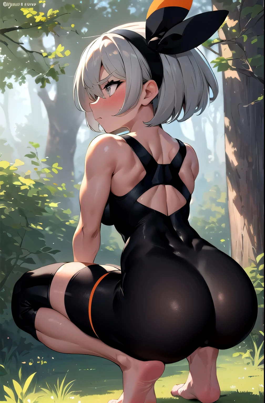 (masterpiece,best quality, detailed), 1girl, solo, outdoors, forest, from below, squatting, closed mouth, blush, nose blush, embarrassed, arms behind head,
bea \(pokemon\), bow hairband, black bodysuit, single glove, knee pads, barefoot, view from behind, wide hips, big butt