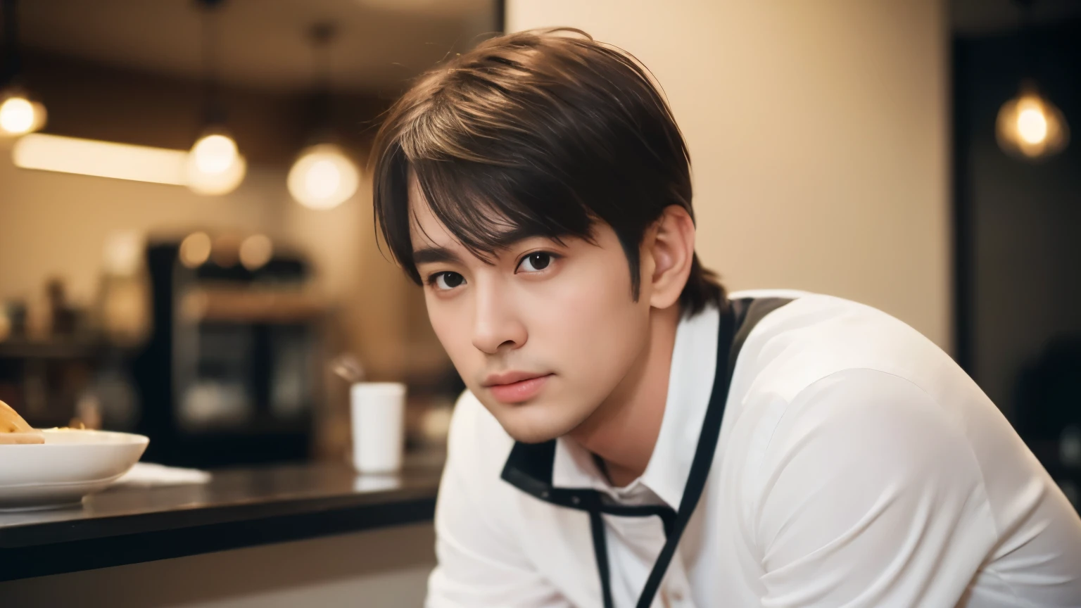 super high quality, Short Hair, The staff is working at the counter in the back., (8k、RAW Photos、highest quality、masterpiece:1.2), Brown Hair, Slim and muscular, Stylish café, Fashion magazine photoshoot, (Realistic、Photorealistic:1.37), Beautiful Face , Mesh Hair, Urban Cafe, Golden Ratio, Raw photo, musician, Blurred Background, Stubble, Spring Clothes, Handsome S-class boys, Super cool S-class boys, Muscular, Handsome guy, White Shirt, 28 years old, Messy Hair, 

