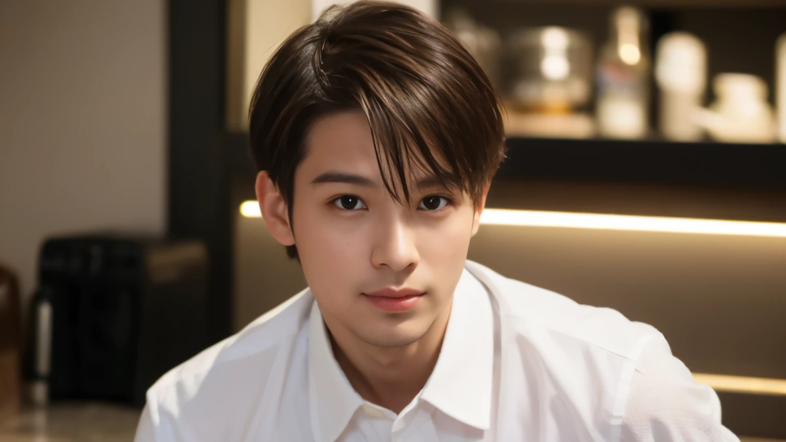 super high quality, Short Hair, The staff is working at the counter in the back., (8k、RAW Photos、highest quality、masterpiece:1.2), Brown Hair, Slim and muscular, Stylish café, Fashion magazine photoshoot, (Realistic、Photorealistic:1.37), Beautiful Face , Mesh Hair, Urban Cafe, Golden Ratio, Raw photo, musician, Blurred Background, Stubble, Spring Clothes, Handsome S-class boys, Super cool S-class boys, Muscular, Handsome guy, White Shirt, 28 years old, Messy Hair, 

