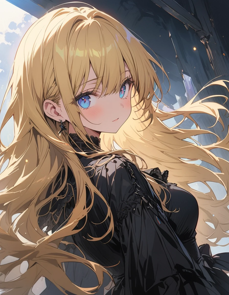 (非常にdetailedな 、 8k wallpaper,masterpiece, highest quality, 非常にdetailedな),(Best lighting, Best Shadow, Very delicate and beautiful),floating,High saturation,Blonde+blue eyes:1.2,Gloomy Gothic Landscape, Long Hair, Gazing into the distance. (長いブロンドの髪と輝くblue eyesのゴシック照明を持つ美しい女の子)、Gothic Lolita Clothing、(highest quality、masterpiece、High resolution、detailed)、animeスタイル、Flat Style、(Shining Eyes、detailed美しい顔),  BREAK,extremely detailed、Dynamic Angle、anime