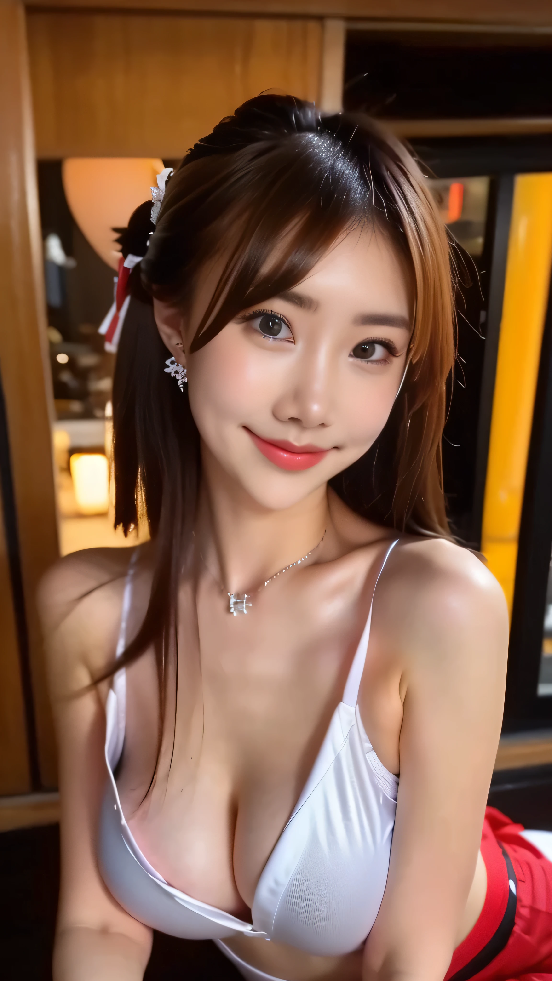 (8k, RAW photo, best quality, masterpiece:1.2), (realistic, photo-realistic:1.37), ultra-detailed,
1 girl,cute, solo,beautiful detailed sky,detailed cafe,night,sitting,dating,(nose blush),(smile:1.1),(closed mouth),large breasts, seductive smile, large aparture, professional lighting, Sony A7R4, Zessie 50mm F1.8,
J Cup big breasts,beautiful detailed eyes,(collared shirt:1.1), wedding dress,(short hair:1.2),floating hair , luxurious earrings, abs slim waist, earrings, red white japan shrine maiden, miko (shrine maiden),