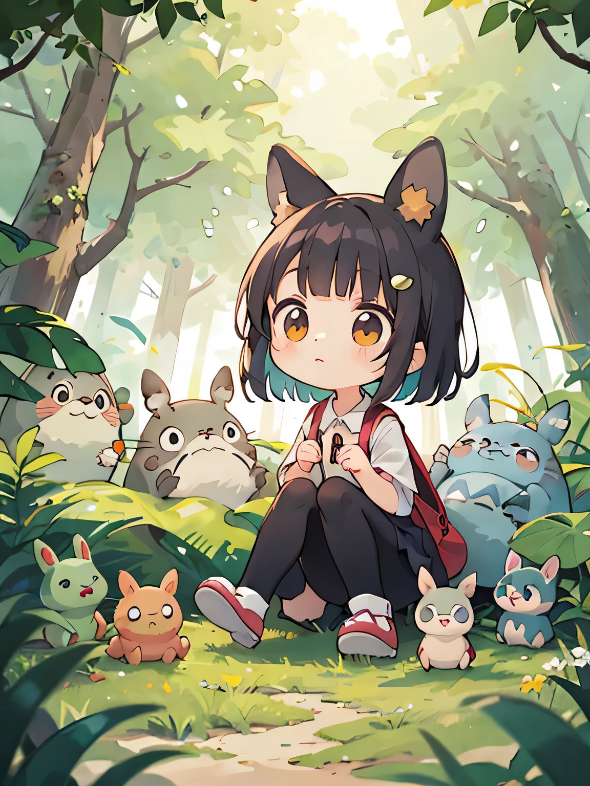 My Neighbor Totoro Style, Kawaii Design, (((10 people)))、most beautiful girl ever、Chibi, Colorful bob hair、((Lots of friends))、Totoro Forest