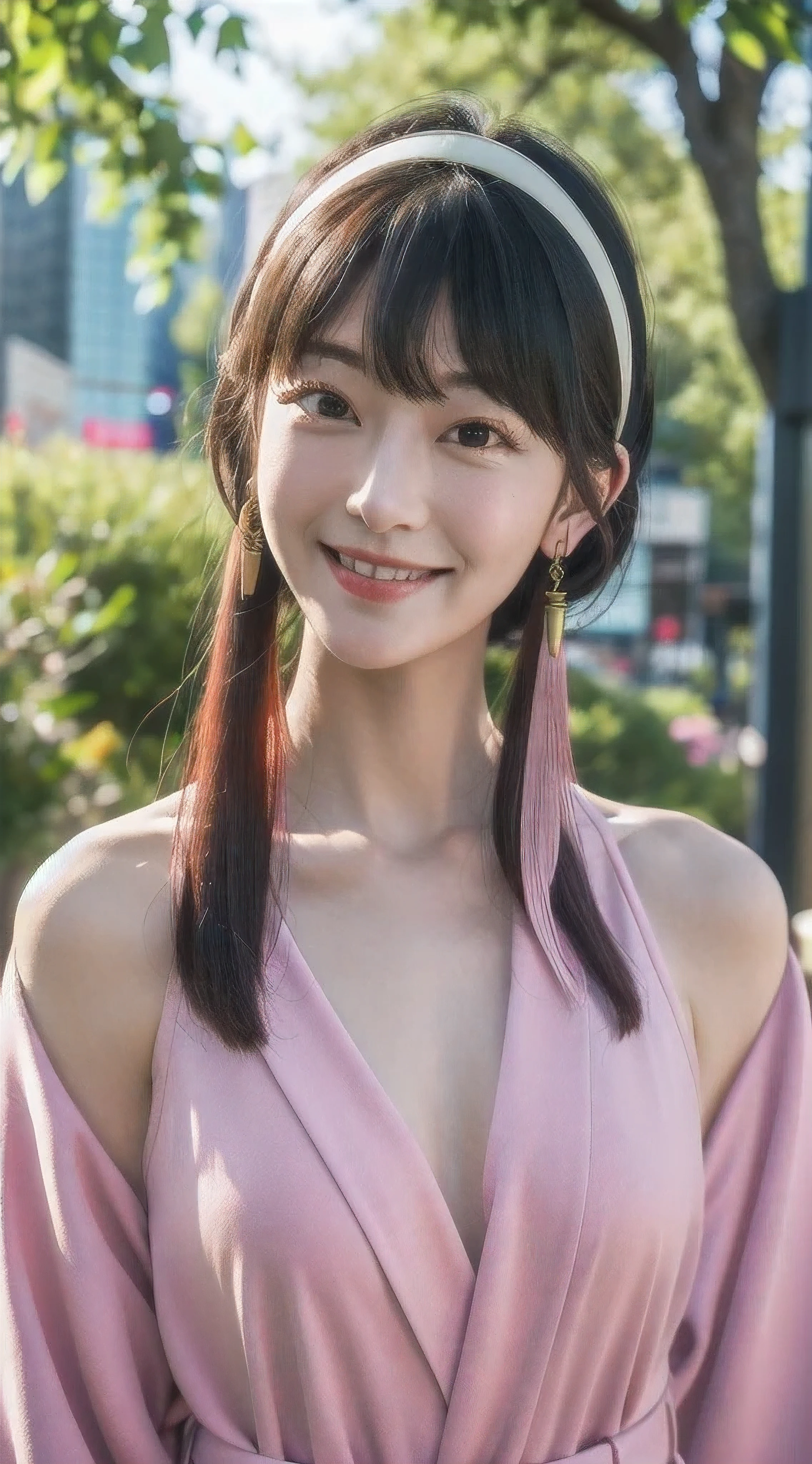 yor, Mature female, bangs, side locks, Red eyes, pink hair, hair adornments，sportrait, (face:1.2), girls, smile,bare shoulders​, walking at time square buzz, (Robe:1.21), clavicle, Willow Branch, (masterpiece best quality :1.2),