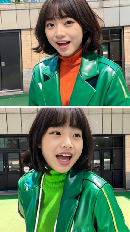 live-action female kindergartener Residential Street green Shining Enamel Transforms multiple female opponents' skin into rubber suits chameleon