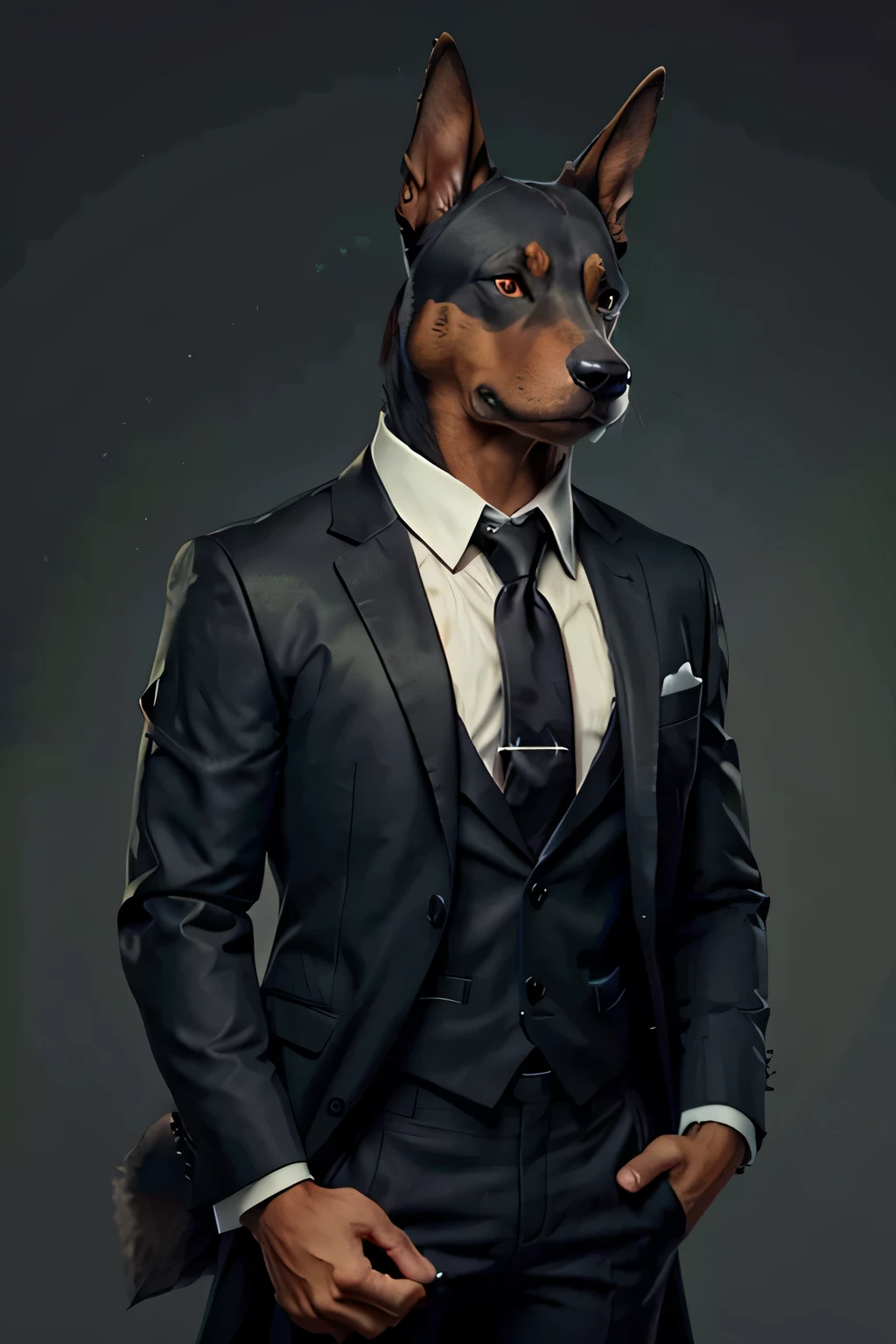 (man wearing a black suit and tie)Cartoon of anthropomorphic Doberman dogs