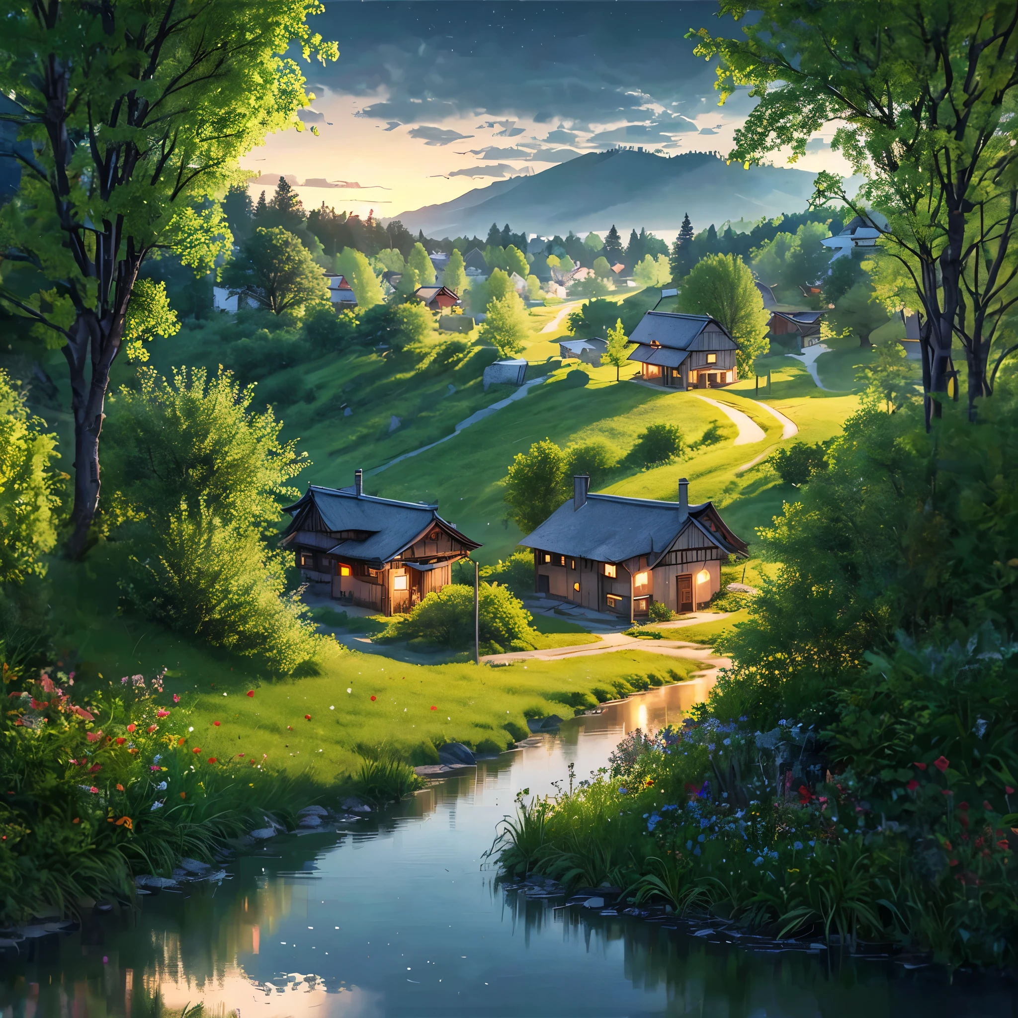 House in the Forestの夜景とそれに通じる道, quiet night. digital illustration, Beautiful house on a forest path, Background artwork, cottage in the woods, Highly detailed digital art in 4K, solitary cottage in the woods, House in the Forest, night village backgrounds, House Background, cottage in the woods, 4K Detailed Digital Art