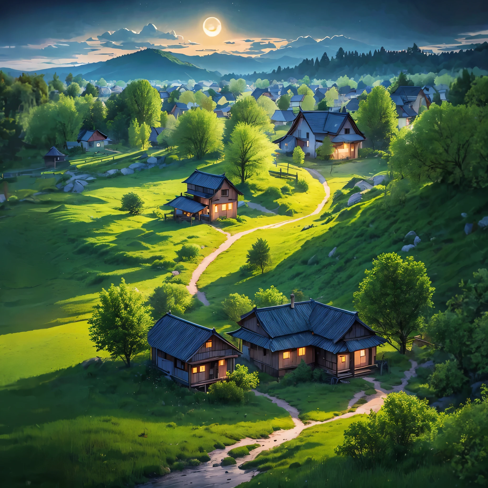 House in the Forestの夜景とそれに通じる道, quiet night. digital illustration, Beautiful house on a forest path, Background artwork, cottage in the woods, Highly detailed digital art in 4K, solitary cottage in the woods, House in the Forest, night village backgrounds, House Background, cottage in the woods, 4K Detailed Digital Art