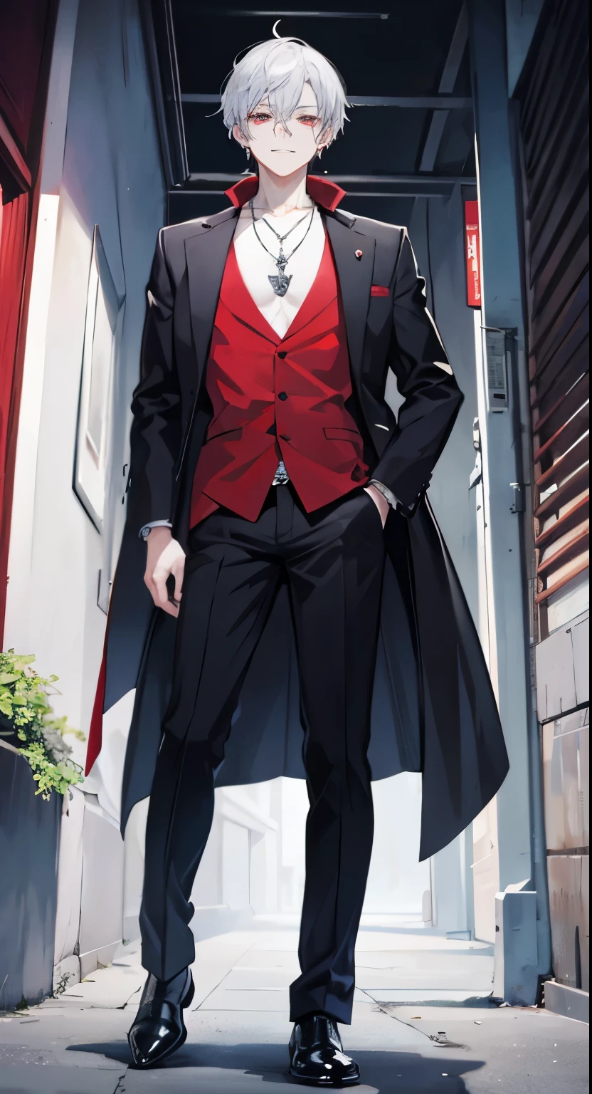 High resolution, 2D Anime Style,,Cool guy,Mature look,,20th Generation,Short Hair,Silver Hair,Red eyes,Beautiful watch,Beautiful earrings,beautiful necklace,Dark Fashion,He is smiling a little,whole body,walking