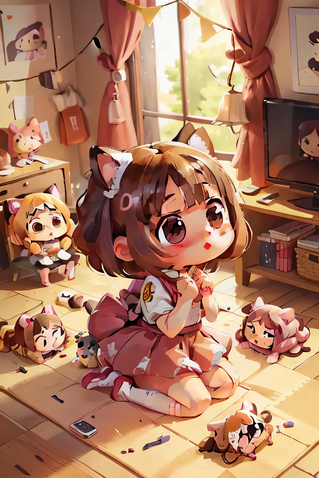 with cat ears、((Chibi Character:1.4)), (((1 girl:1.5))), best masterpiece, Ultra HD, 8K,Anatomically correct, Lots of stuffed toys, Playing on the floor, a bit, Cat, cute, Pink Cat Princess, Big Badejo, whole body, masterpiece, 3D Rendering, highest quality, Lots of details, (Plain background), Vinyl Toy Figures