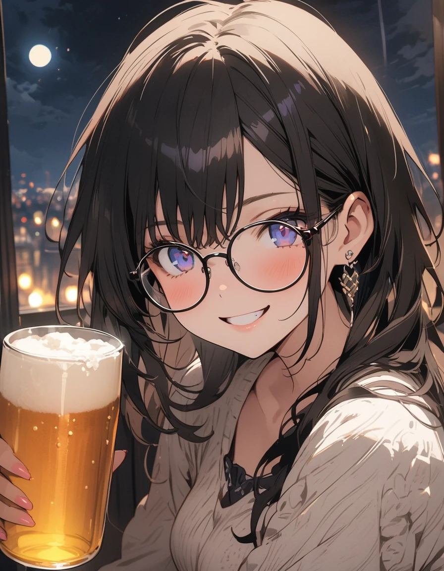 (masterpiece), best quality, expressive eyes, perfect face, At night, under the city lights,
on a balcony of an apartment,
a woman drinks beer, smiling,
wearing glasses, under the moon and stars,
feeling the night breeze.(highest quality、masterpiece、High resolution、detailed)、animeスタイル、Flat Style、(Beautiful Eyes, Delicate and beautiful face), BREAK,Dynamic Angle、anime