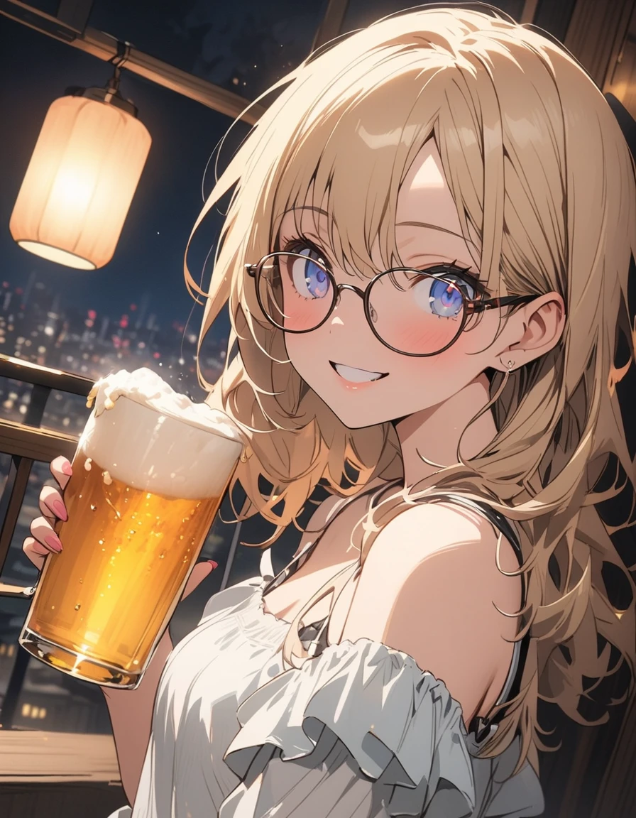 (masterpiece), best quality, expressive eyes, perfect face, At night, under the city lights,
on a balcony of an apartment,
a woman drinks beer, smiling,
wearing glasses, under the moon and stars,
feeling the night breeze.(highest quality、masterpiece、High resolution、detailed)、animeスタイル、Flat Style、(Beautiful Eyes, Delicate and beautiful face),  BREAK,Dynamic Angle、anime