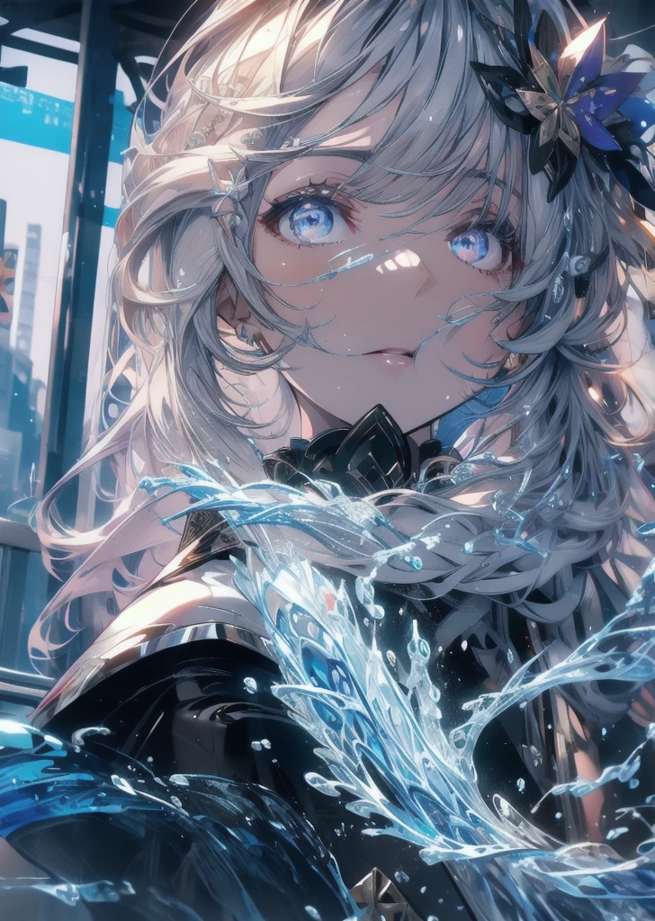 (masterpiece, best quality, ultra-detailed, highres), perfect face, sidelighting, lustrous skin, standing,
(bloom), (shine), lighting, ray tracing, sci-fi, city, street, outdoor, depth_of_field,
shenhe \(genshin impact\), silver eyes , hair over one eye, (hair ornament) , breast curtain, high heels, long hair, whirlwind of water