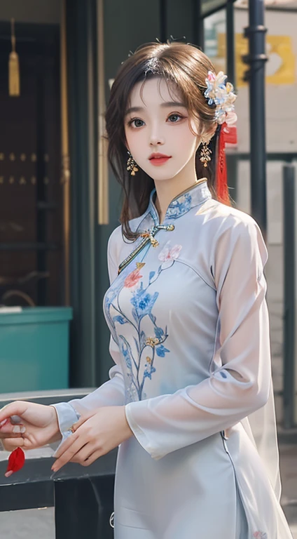 (masterpiece, highest quality, highest quality, Official Art, beautifully、aesthetic:1.2), (Beautiful girl wearing vintage ao dai:1.3), Very detailed,(Fractal Art:1.1),(colorful:1.1)(Flowers:1.3),Best details,(Tangled:1.2), (Dynamic pose), street, cyber punk, (Vietnamese Traditional Ao Dai:1.2), (Shiny skin), (Colorful:1.4), ,(Earrings:1.4),