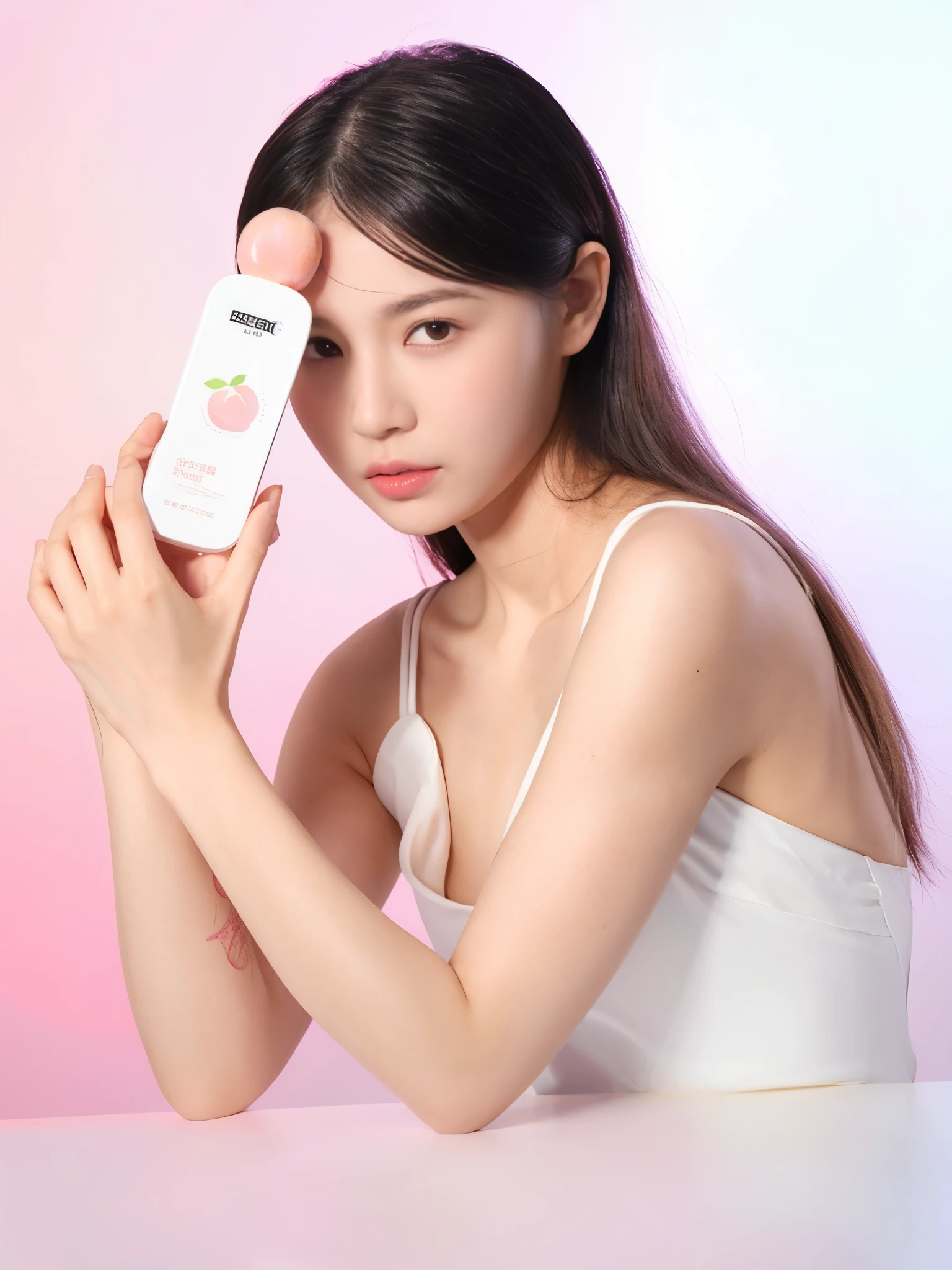 there is a woman holding a cell phone up to her face, photoshoot for skin care brand, milky white skin, smooth Pink Skin, Product photography, cream skin, beauty event, peach, Pink Skin, glowing peach face, cosmetic, Official product photos, Kim Tae-jun, full face view, Bottom Angle, skin care, Dramatic product shots, smooth _ Background