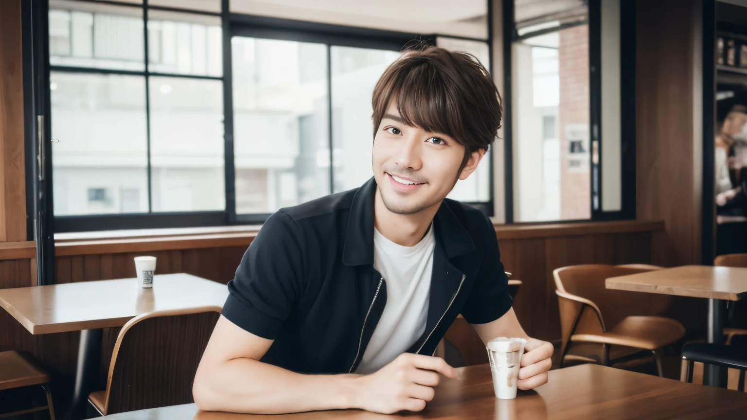 musician、Refreshingly handsome man in his 40s、(Super cool S-class boys)、Japanese male, 40 years old、、Photographed inside the cafe、a handsome guy、(CG Unity 8K high resolution photo)、(Very detailedSクラスのa handsome guy性)、(Photorealistic)、(highest quality))、Very detailed、super high quality、expensive、Audience、kind person、Very beautiful hair Perm Hair、Bright photo、Handsome like a model、Handsome like an idol、looking at the camera、Inside a stylish cafe、Stubble