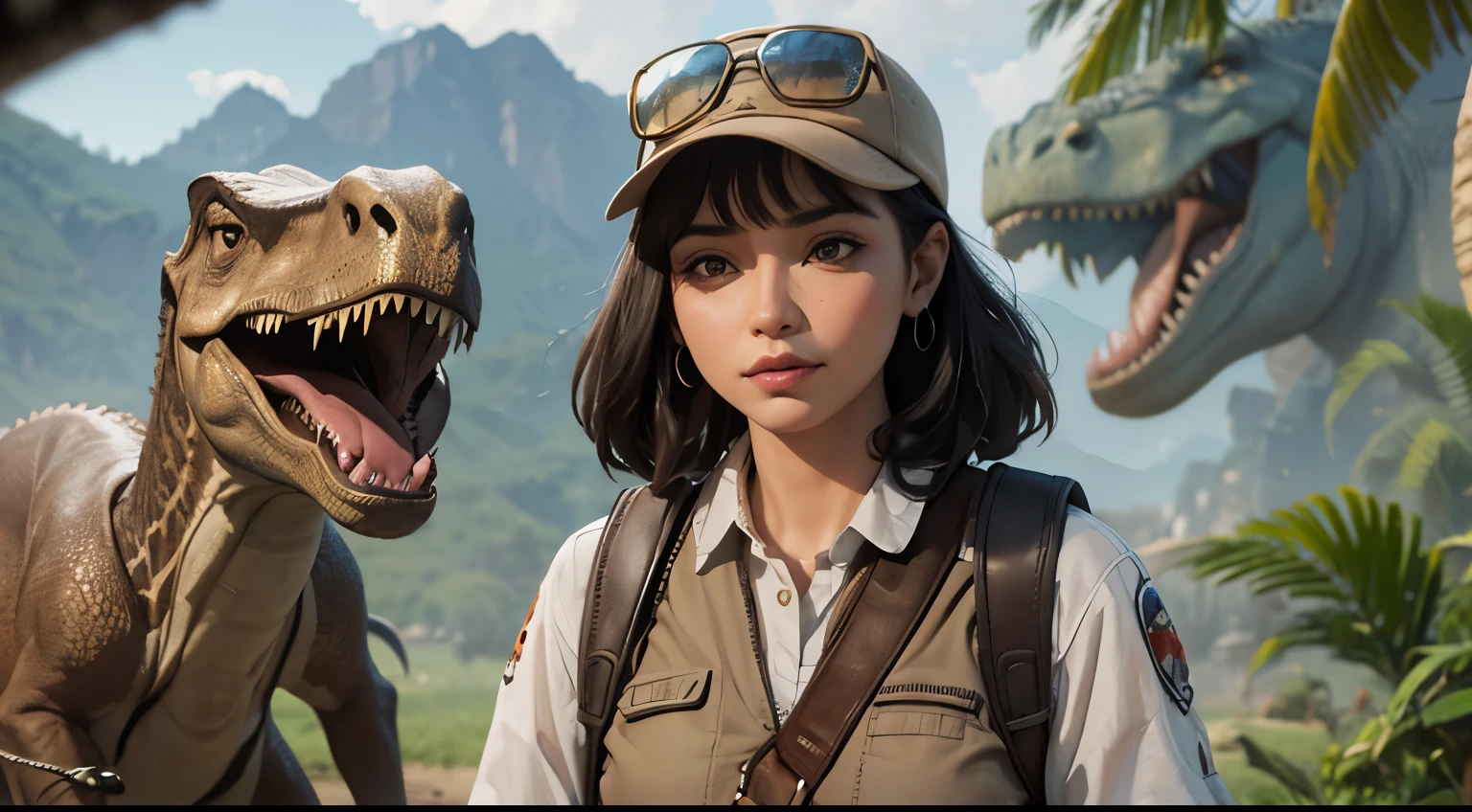 Arabian woman in safari outfit standing next to a dinosaur, Adventure Hyper Real Rendering, Vojtek Fuss, Inspired by Rudy Siswanto, Lostrun 8k, jurassic image, Artjam and Athi Gairan, Realistic Digital Art 4K, Realistic Digital Art 4K, photorealistic concept art, 8K Realistic Digital Art, Photorealistic Disney