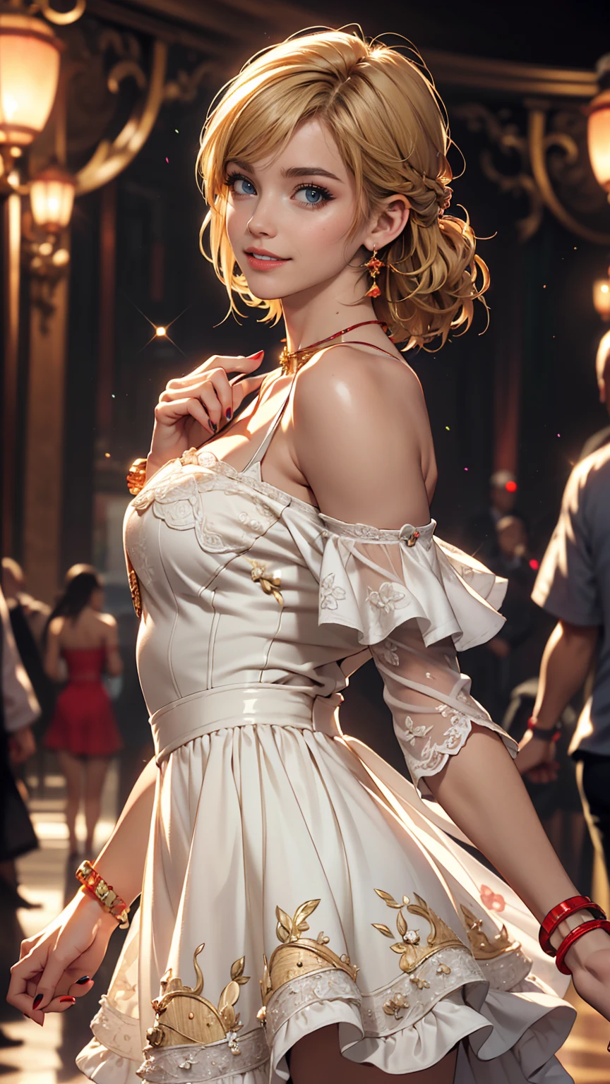 A tomboyish magical girl with short blond hair and red eyes, looking directly at the viewer, highly detailed accessories, masterpiece, (best quality,4k,8k,highres,ultra-detailed,realistic,photorealistic), studio lighting, sharp focus, vivid colors, (1girl:1.2), fantasy, magical girl, anime