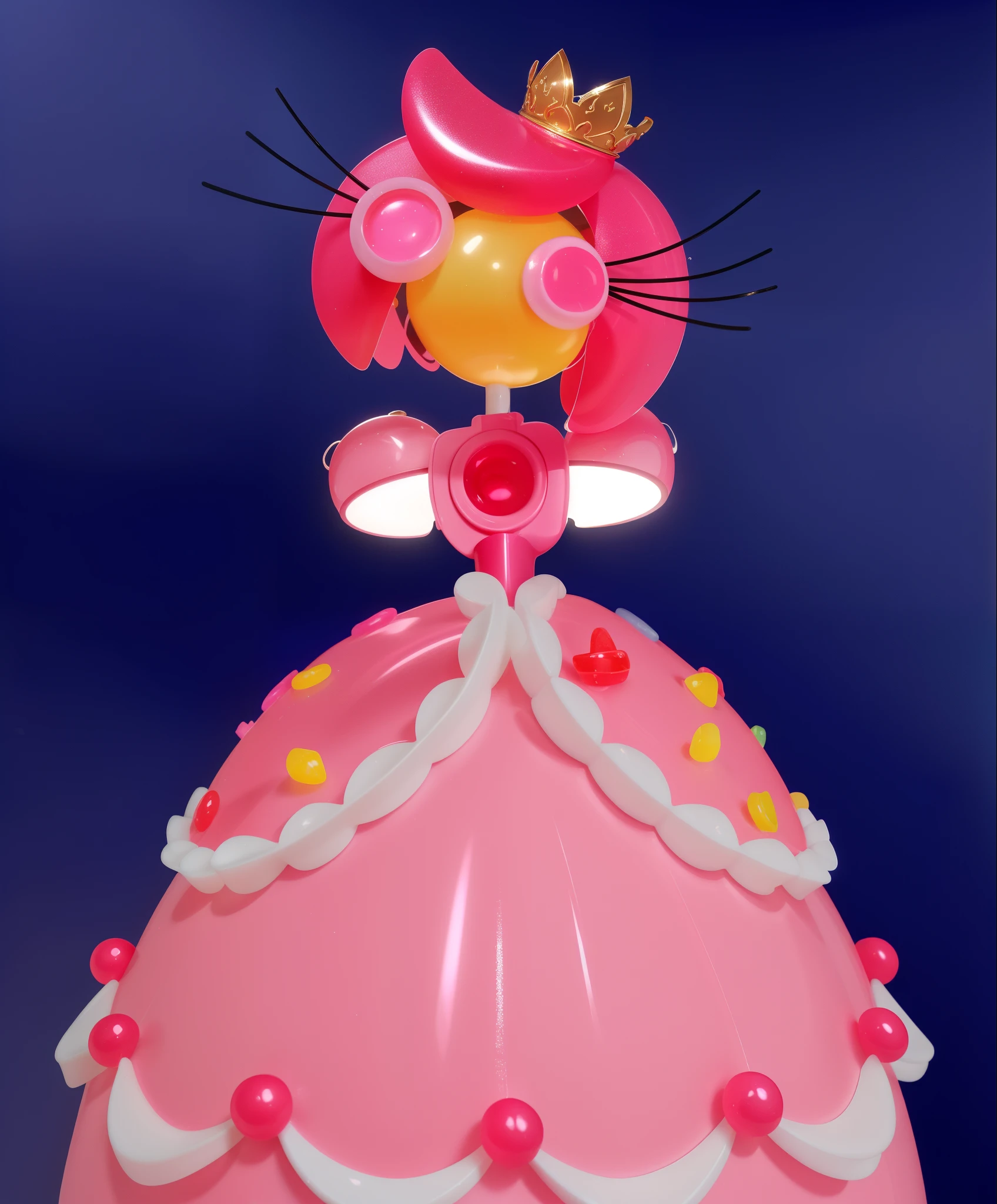 Generate a realistic image of a 'Candy Princess': she's pink, crafted entirely from candies and lollipops. She wears a lavish dress resembling a cake, with glossy, high-quality textures. Her head is also candy-like, with eyes resembling candies. Emphasize the details and add shades that enhance the sweetness and luxury effect., candy girl, glossy candy texture, smooth 3d model, multiple light sources, rim light, sharp post effects render, (glossy candy texture with multiple big light probe refractions), perfect cgi, smooth silhouette, high intensity refraction, (super glossy lollipop), most beautiful vfx, candy refractions, realistic, 4k, high resolution, rim light, photo shoot, commercial photo, profile shot, 4k, rim light, high resolution, 4k, glossy texture, smooth 3d model, multiple light sources, rim light, sharp post effects render, (glossy candy texture with multiple big light probe refractions), perfect cgi, smooth silhouette, high intensity refraction, (super glossy candy material), most beautiful vfx, blue background, chrome lollipop refractions, multiple light sources, rim light, sharp post effects render, perfect cgi, digital art, detailed digital art, reflective, best quality, 4k, masterpiece:1.2, ultra-detailed, realistic, vivid colors, dark and moody lighting, The image of the highest quality, ensuring every detail showcased perfectly. It in 4k resolution, allowing viewers to immerse themselves in the richness of the colors and intricate details. The realistic rendering. under the spotlight, reflecting, high-resolution image, realistic rendering, dark background, and rim light photorealisti