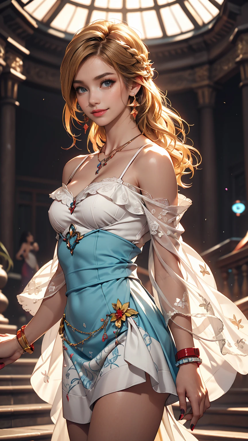 ((最high quality, 8K, masterpiece: 1.3, Ultra HD, high quality, 最high quality, High resolution, realism)) 、A 22-year-old extremely beautiful white woman、Hair color blonde、blue eyeedium Hair、Straight Hair、smile、Slender but well-proportioned body、Background blur((depth of field))、Aerial perspective((atmospheric perspective))、I want my head to stay off screen、Wearing accessories on the wrist、Put an anklet on your ankle、Wearing red nail polish、I have a peticure、Disney((Disney))Tangled、Blonde long hair、Wear an off-the-shoulder dress、smile