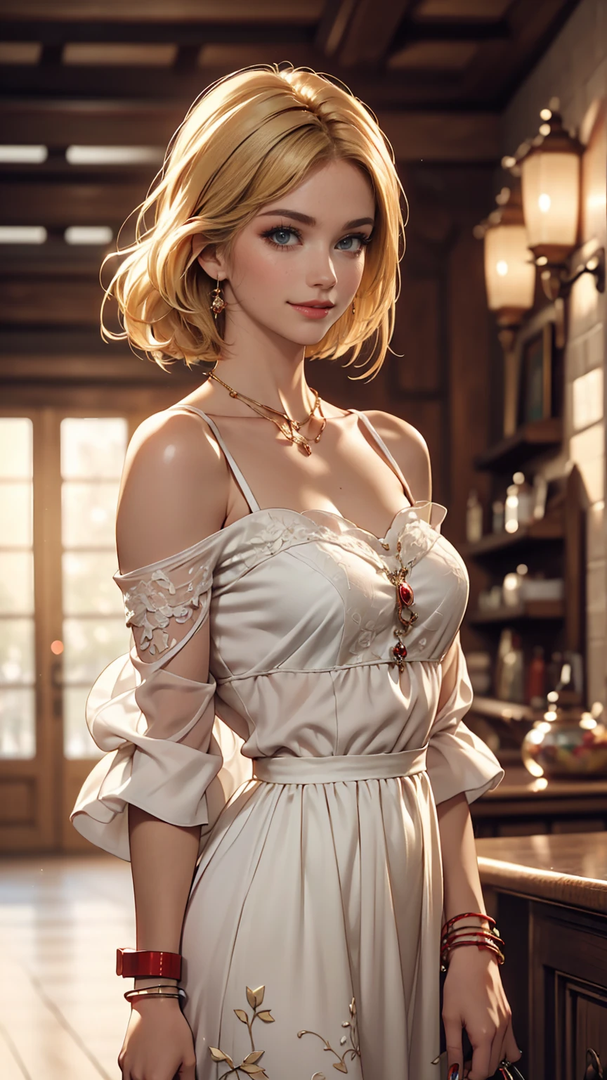 (8K, RAW Photos, highest quality, masterpiece:1.2), (Realistic, photo-Realistic:1.37)、Venus Body、Having her hair done、My chest is popping out、Wear accessories on your wrist、Wearing accessories on the ankle、Background blur((depth of field)、smile、White woman、Platinum Blonde、blue eyes、Vertical roll on one side((side drill))、Wear a lace-embellished one-shoulder dress、Wear mules、smile、Headband((hairband))、Wear a lace choker、Colored eyelashes((colored eyelashes))、Sitting at a round table with a white tablecloth, drinking tea、Lavish interior