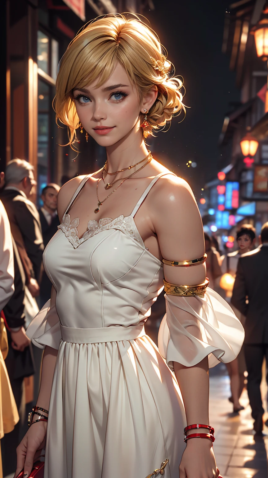 a blond, Long hair, Yellow-green eyes, Woman in her 20s, Gentle Face, White dress, (A masterpiece:1.2), Best Quality, high resolution, Unity 8k wallpaper, (Illustration:1.0), beautiful detail, beautiful woman, glittering, medieval village_Background with, solo, perfect light, Extremely detailed CG looking at the audience from the front