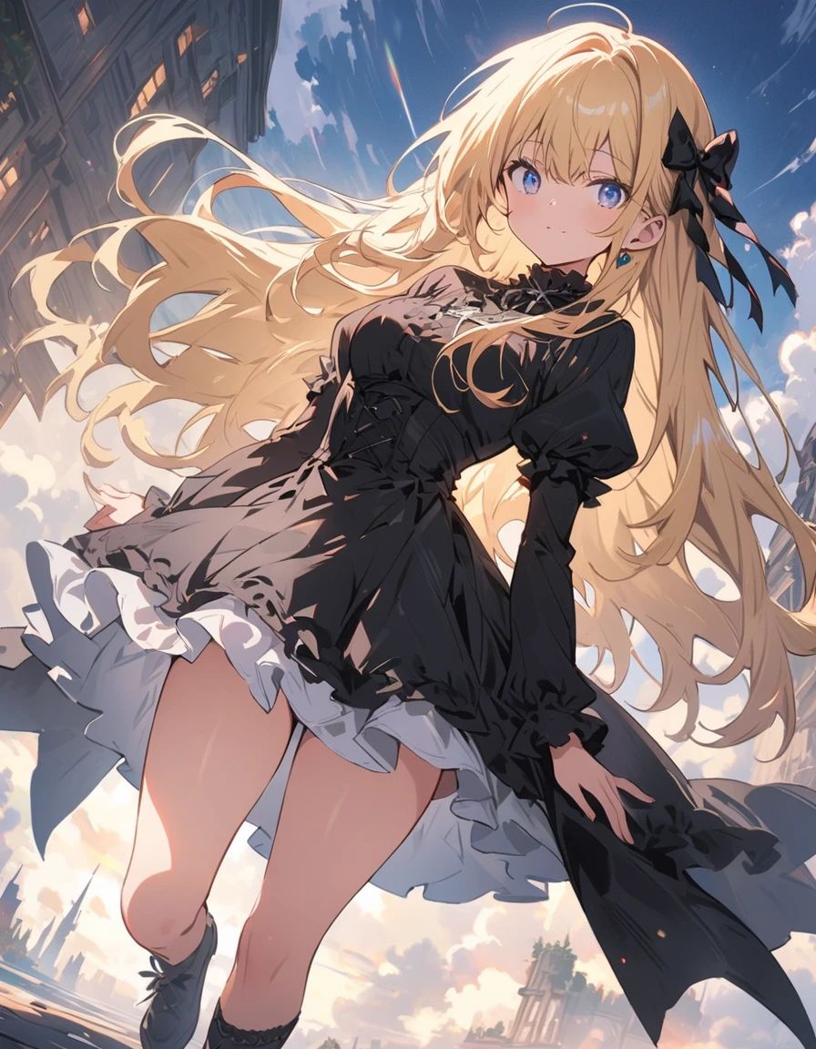 (非常にdetailedな 、 8k wallpaper,masterpiece, highest quality, 非常にdetailedな),(Best lighting, Best Shadow, Very delicate and beautiful),floating,High saturation,Blonde+blue eyes:1.2,Gloomy Gothic Landscape, Long Hair, Gazing into the distance. (長いブロンドの髪と輝くblue eyesのゴシック照明を持つ美しい女の子)、Gothic Lolita Clothing、(highest quality、masterpiece、High resolution、detailed)、animeスタイル、Flat Style、(Shining Eyes、detailed美しい顔),  BREAK,extremely detailed、Dynamic Angle、anime、fullbody