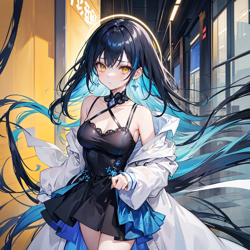 Anime girl with medium length black and blue hair. , and has orange-yellow eyes , Crying while going to a luxurious hotel , clothing , Wear blue diamond earrings. , Wear a sea-pattern dress