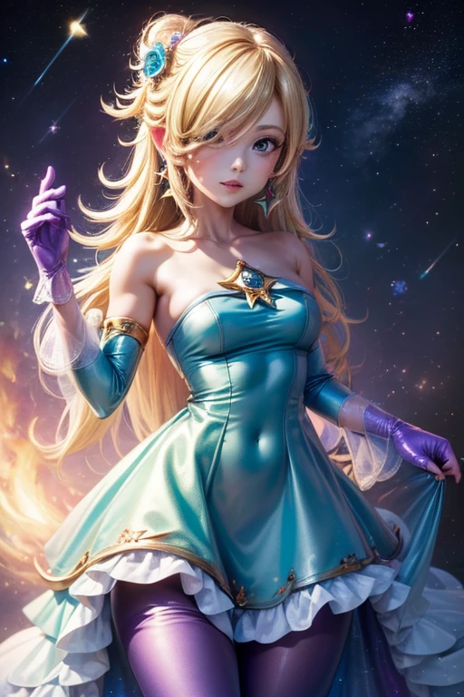 ((High resolution, highest quality, 4K, masterpiece, High resolution:1.3)), Rosalina, Purple Dress, No sleeve, Galaxy themed dress, Purple gloves, Galaxy Background