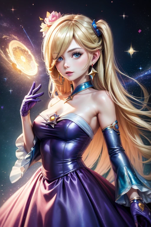 ((High resolution, highest quality, 4K, masterpiece, High resolution:1.3)), Rosalina, Purple Dress, No sleeve, Galaxy themed dress, Purple gloves, Galaxy Background