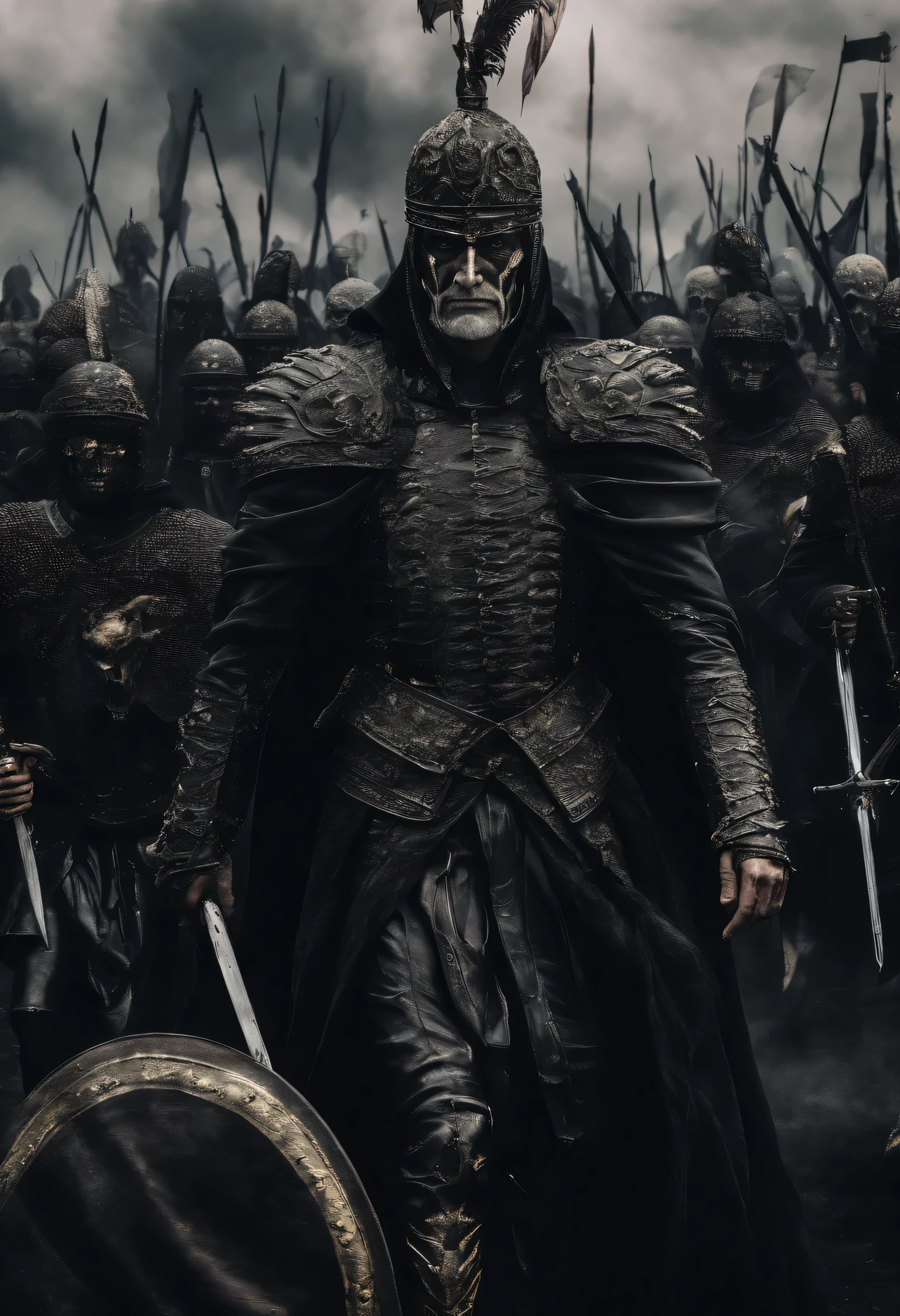 Xerxes leading a massive army, with banners fluttering in the wind, marching towards Greece. (Cinematic: Show the army advancing in a sweeping, epic shot with dramatic lighting) create hyperrealistic images